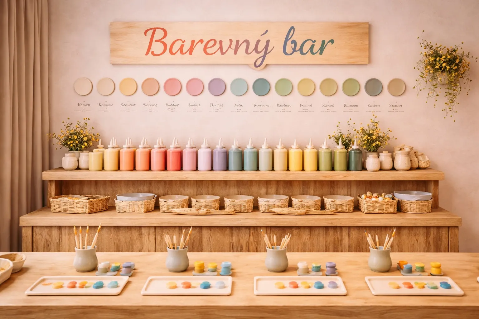 Barevný bar s glazurami a keramickými doplňky.
